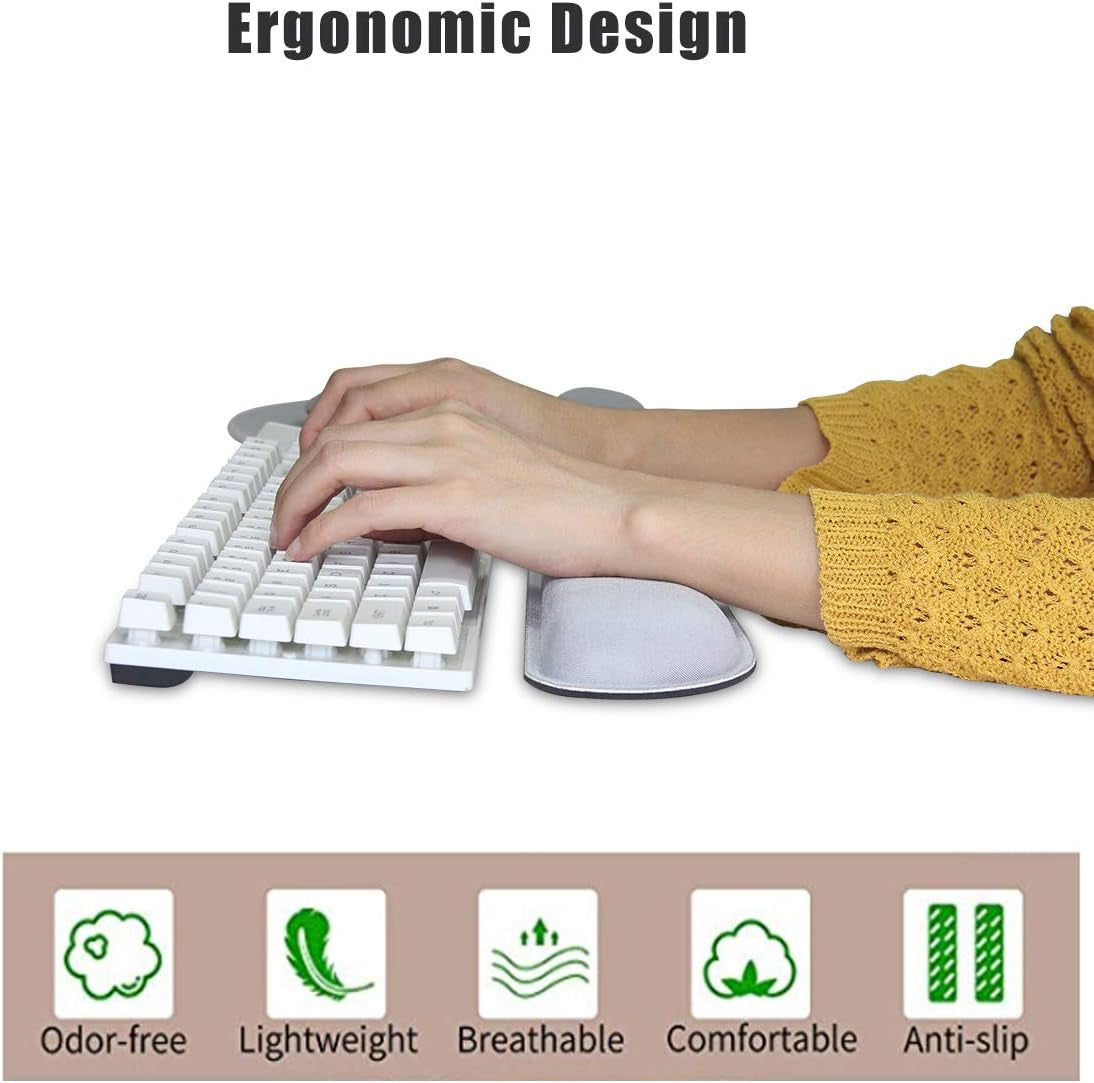 Ergonomic Keyboard Mouse Pad Wrist Support Set - Anti-Slip Keyboard Mice Mat Wrist Rest for Laptop/Computer Gaming/Office - Comfortable for Easy Typing & Pain Relief(Kwrp-Gray)